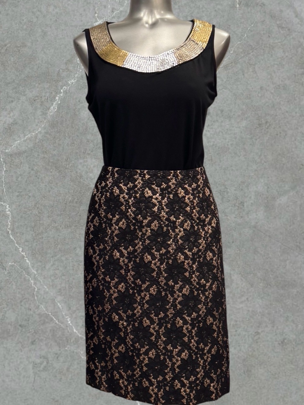 Talbots Black Lace and Satin Gold Pencil Skirt